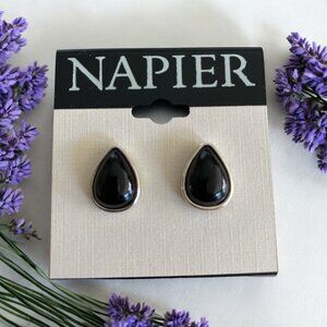 Napier 5/8" Silvertone Black Teardrop Earrings-NWT